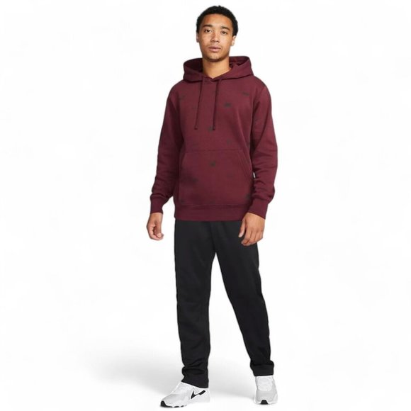 Nike Air Men's 2 PC AOP Sweatsuit Maroon Red Swoosh Logos Fleece Tracksuit Set - Picture 3 of 13